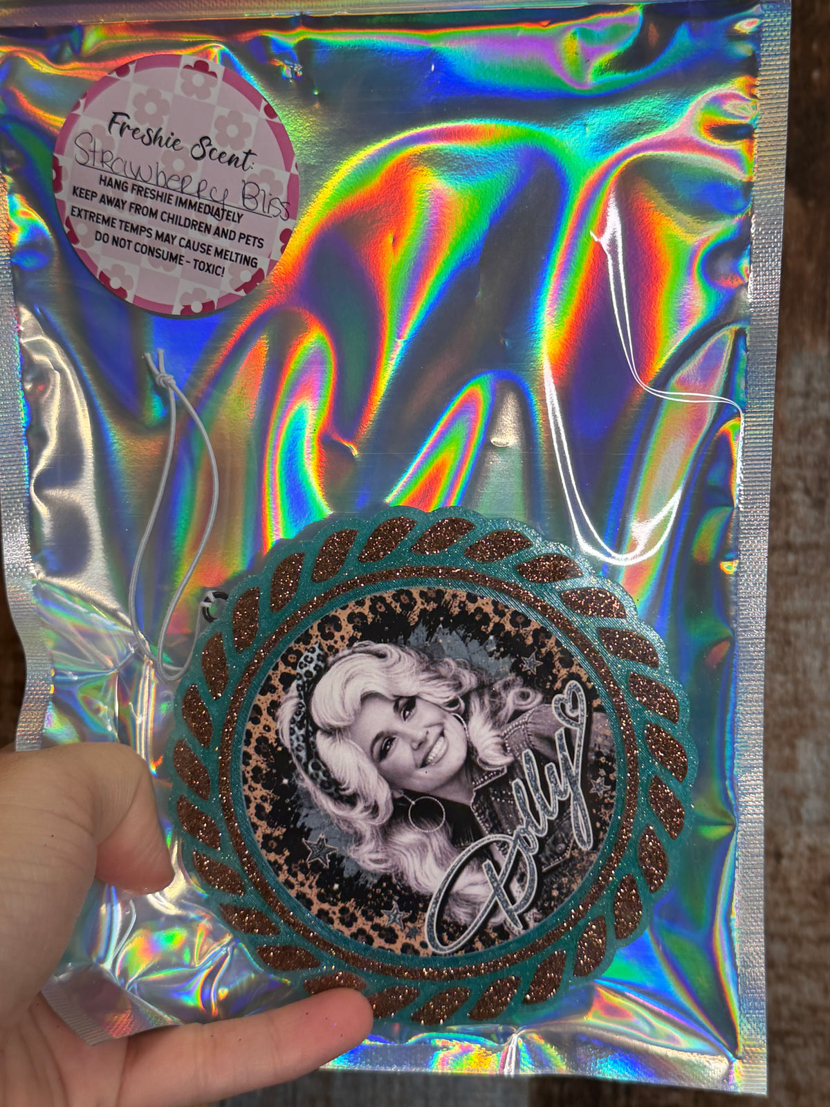 Dolly Parton Car Freshie | Turquoise & Bronze Glitter Western Air Freshener | Strawberry Bliss Scent