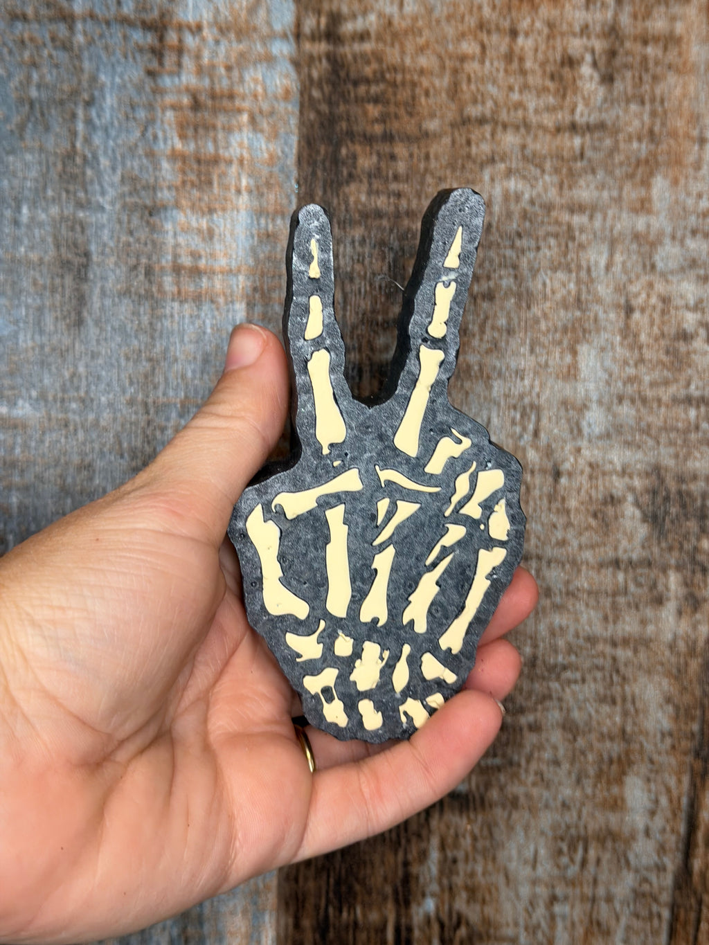 Skeleton Peace Sign Car Freshie | Driftwood & Hide Scent | Skeleton Hand Air Freshener | Spooky Car Decor | Halloween Freshie