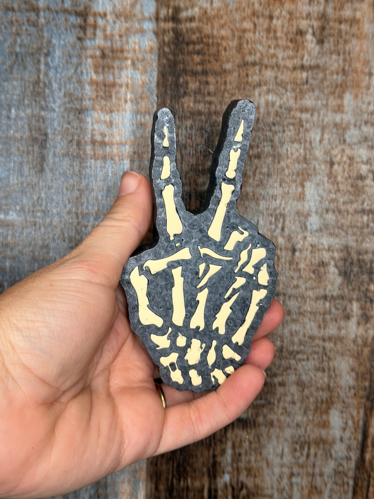 Skeleton Peace Sign Car Freshie | Driftwood & Hide Scent | Skeleton Hand Air Freshener | Spooky Car Decor | Halloween Freshie