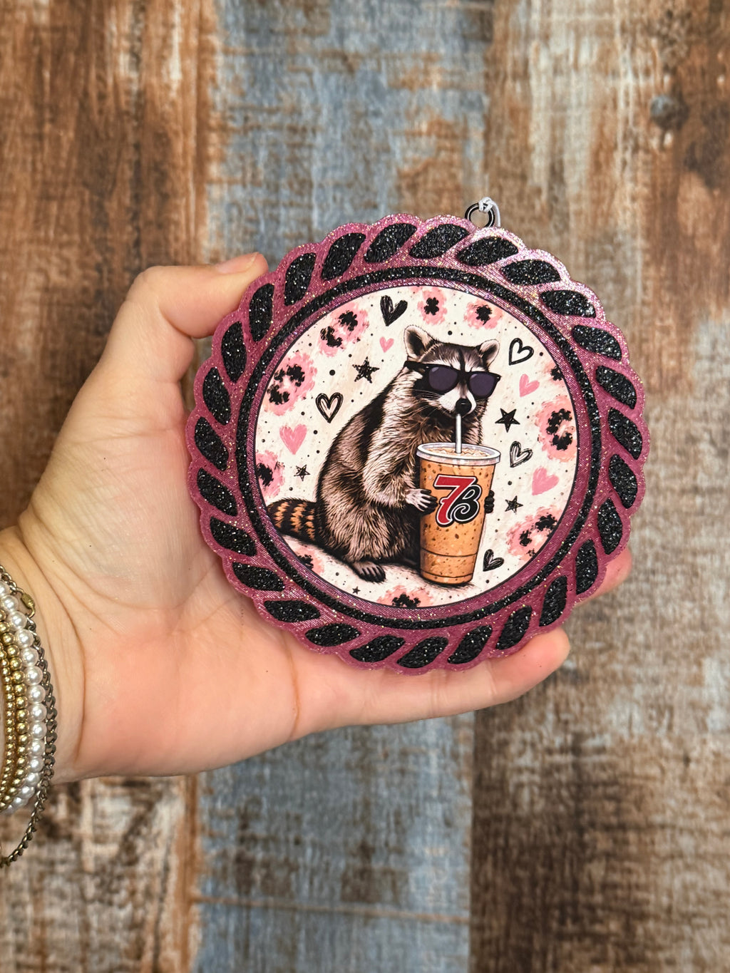 Raccoon Car Freshie | Pink & Black Glitter Cute Air Freshener | Harvest Pipe Scent