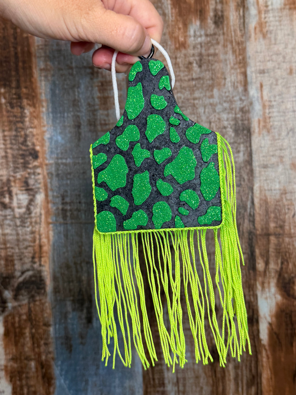 Green Cow Print Fringe Car Freshie | Birthday Cake Scent