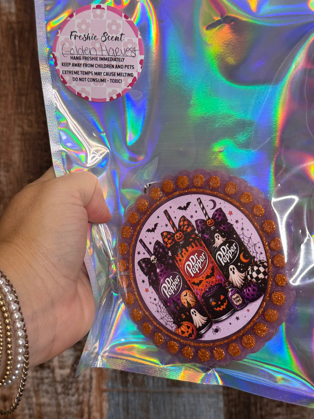 Halloween Soda Car Freshie | Purple & Orange Glitter Spooky Drink Air Freshener | Golden Harvest Scent