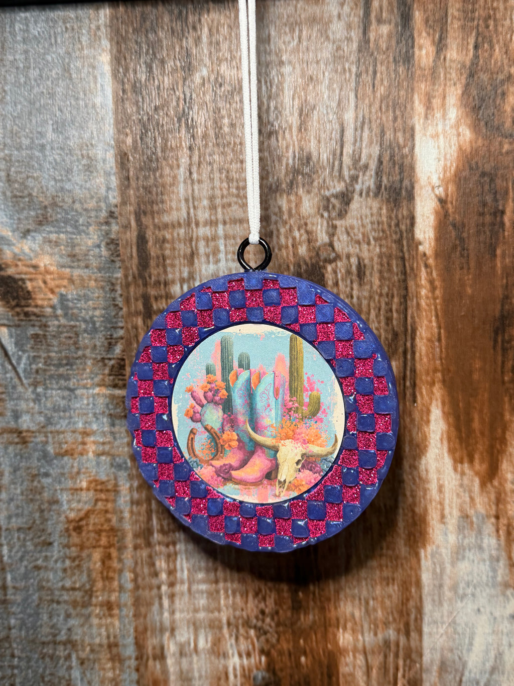 Western Desert Cowgirl Car Freshie | Driftwood & Hide Scent | Cactus & Cow Skull Car Air Freshener | Boho Western Car Charm | Handmade