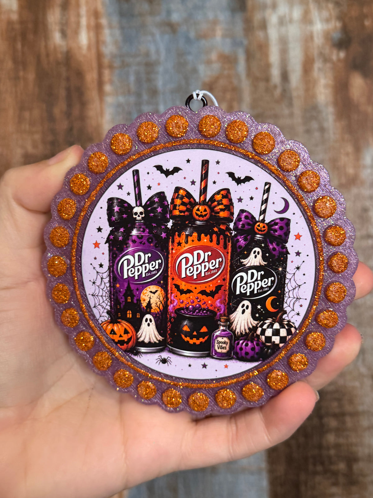 Halloween Soda Car Freshie | Purple & Orange Glitter Spooky Drink Air Freshener | Golden Harvest Scent