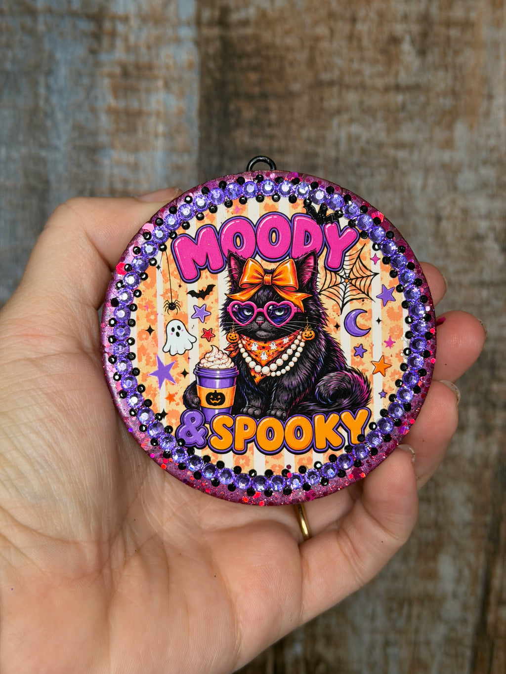 Moody Spooky Black Cat Car Freshie | Citrus Breeze Scent | Retro Halloween Car Air Freshener | Glitter Cat Freshie | Spooky Car Decor