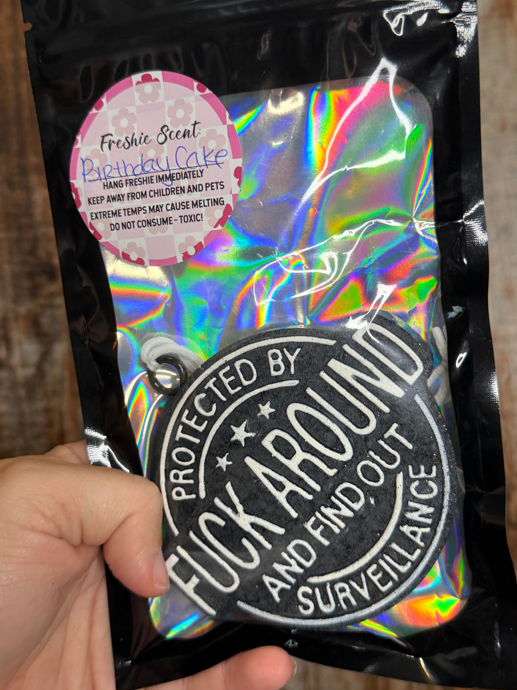 Protected By FAFO Funny Car Freshie | Birthday Cake Scent | Black & White Car Air Freshener