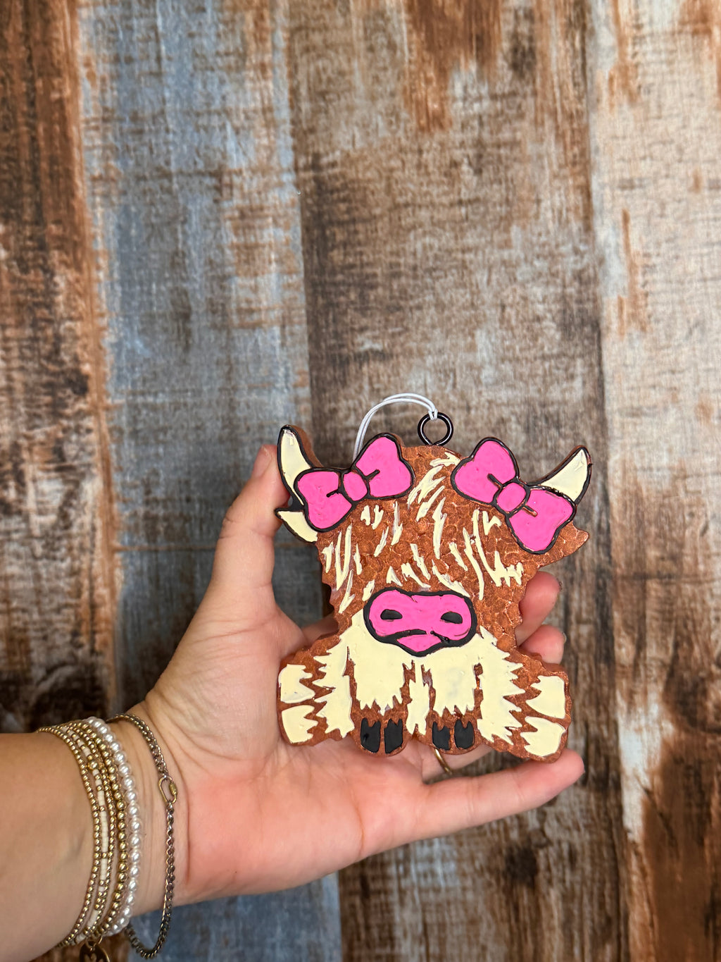 Pink Bow Highland Cow Car Freshie | Birthday Cake Scent