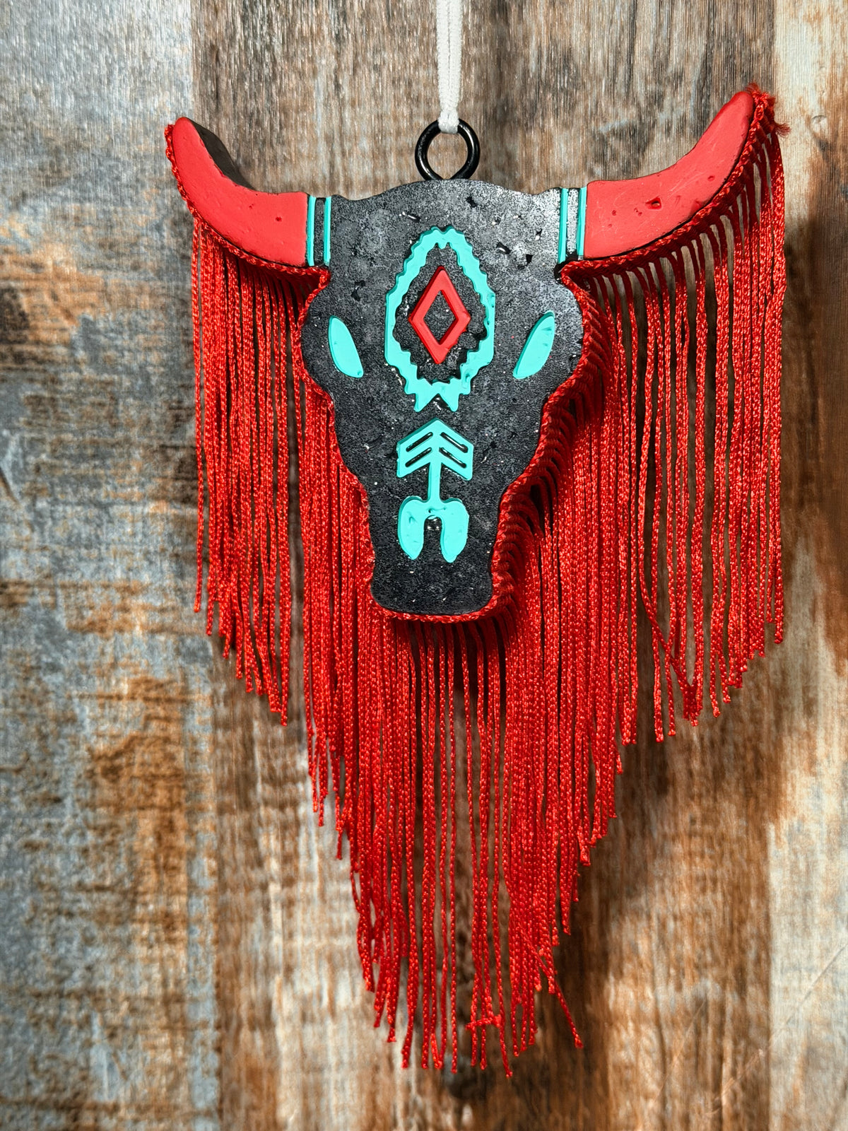 Western Bull Skull Car Freshie with Red Fringe | Leather & Lace Scent | Boho Cowgirl Car Air Freshener | Rustic Western Car Charm | Handmade