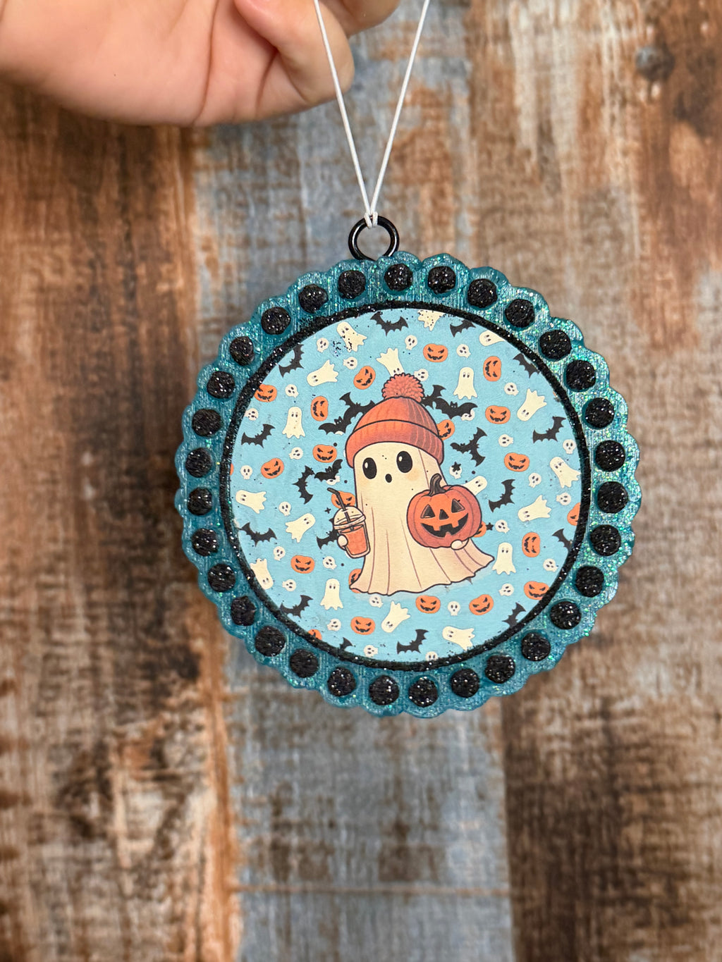 Cute Halloween Ghost Car Freshie | Teal & Black Glitter Air Freshener | Harvest Pipe Scent