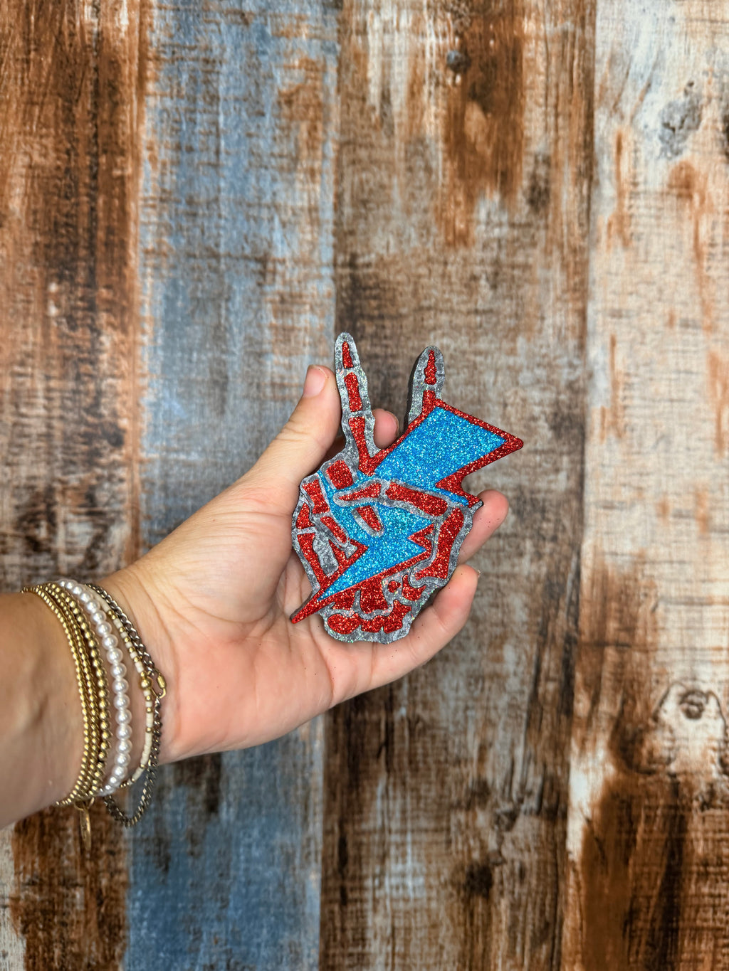 Rock Hand Car Freshie | Black Ice Scent | Glitter Rock & Roll Air Freshener | Blue Red Hand Sign Freshie | Edgy Car Decor