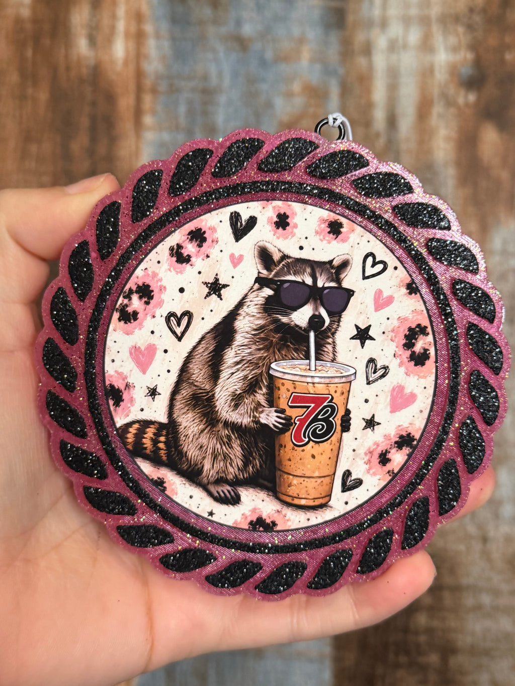 Raccoon Car Freshie | Pink & Black Glitter Cute Air Freshener | Harvest Pipe Scent