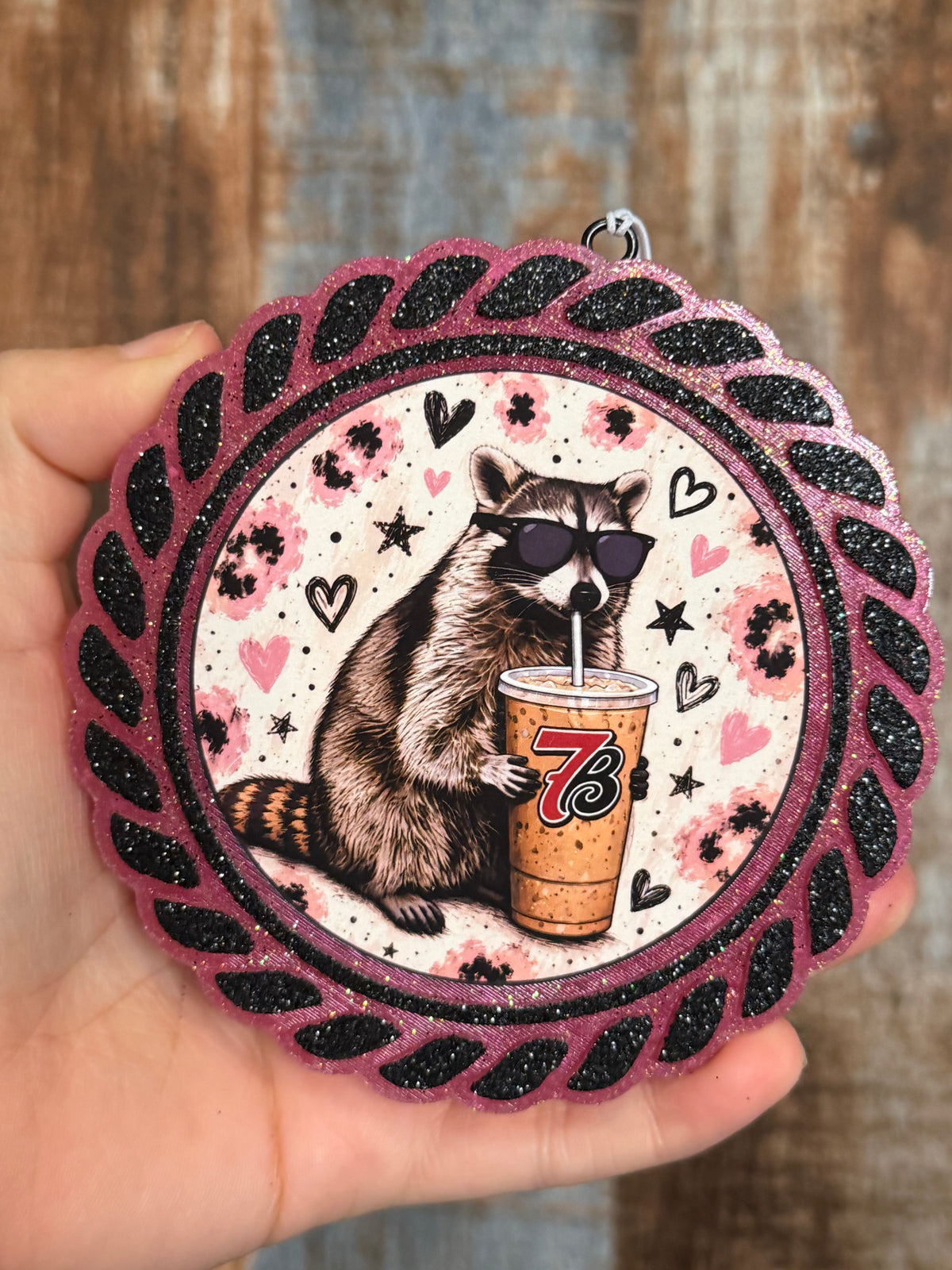 Raccoon Car Freshie | Pink & Black Glitter Cute Air Freshener | Harvest Pipe Scent