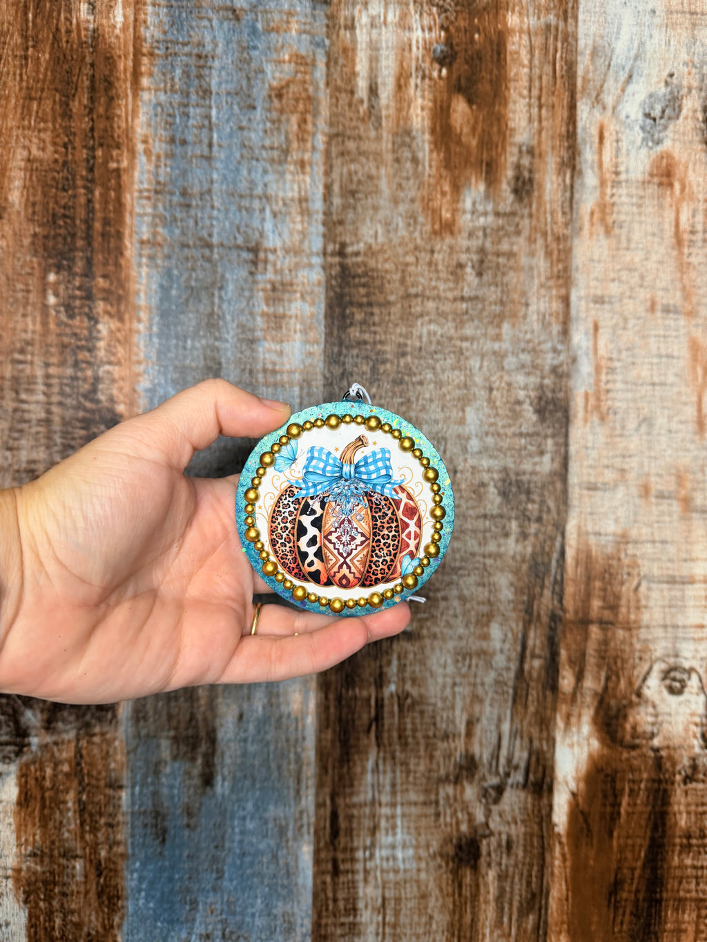 Western Pumpkin Car Freshie | Clean Cotton Scent | Turquoise & Gold Fall Car Air Freshener | Cow Print Leopard Pumpkin Freshie