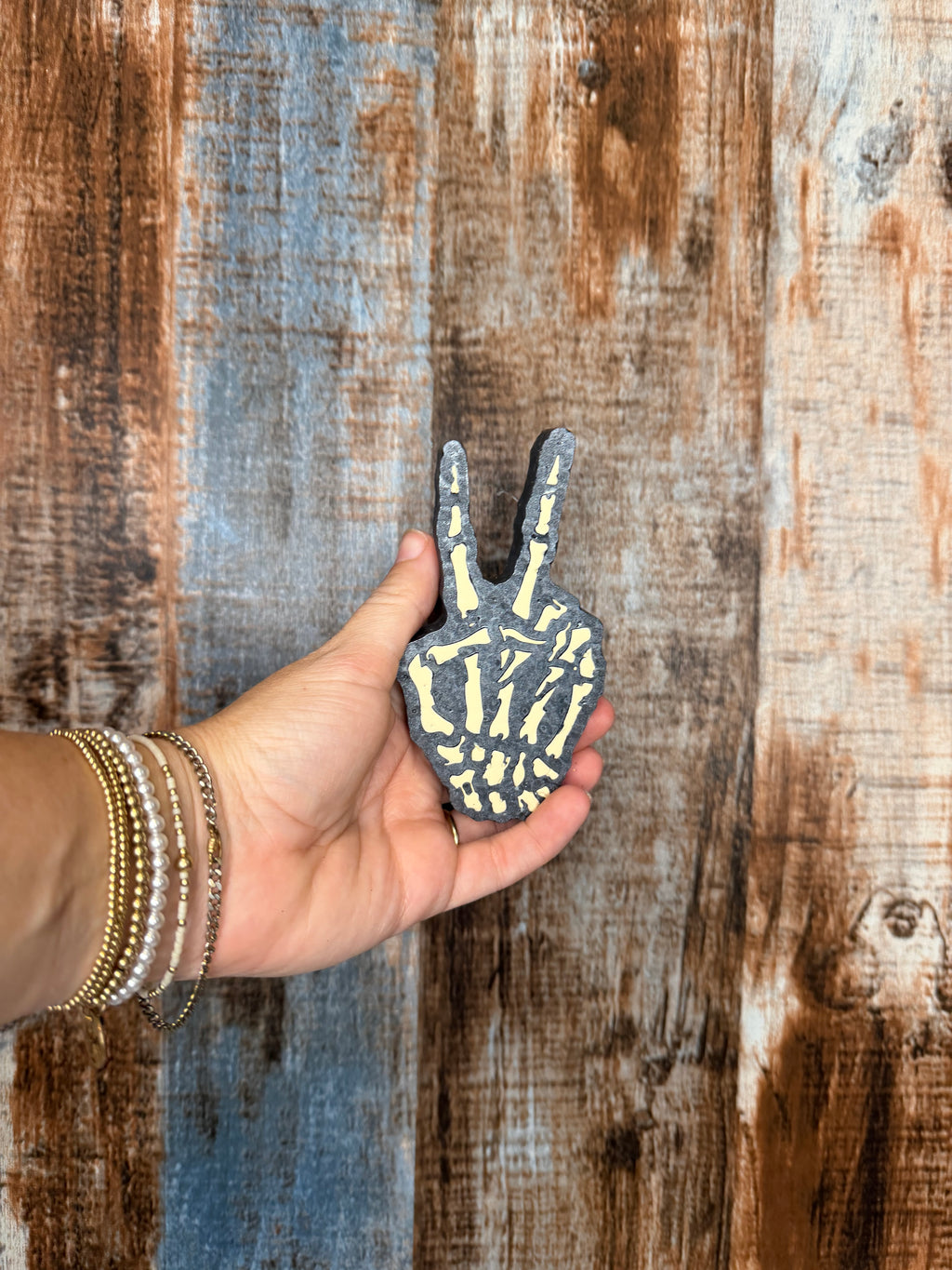 Skeleton Peace Sign Car Freshie | Driftwood & Hide Scent | Skeleton Hand Air Freshener | Spooky Car Decor | Halloween Freshie