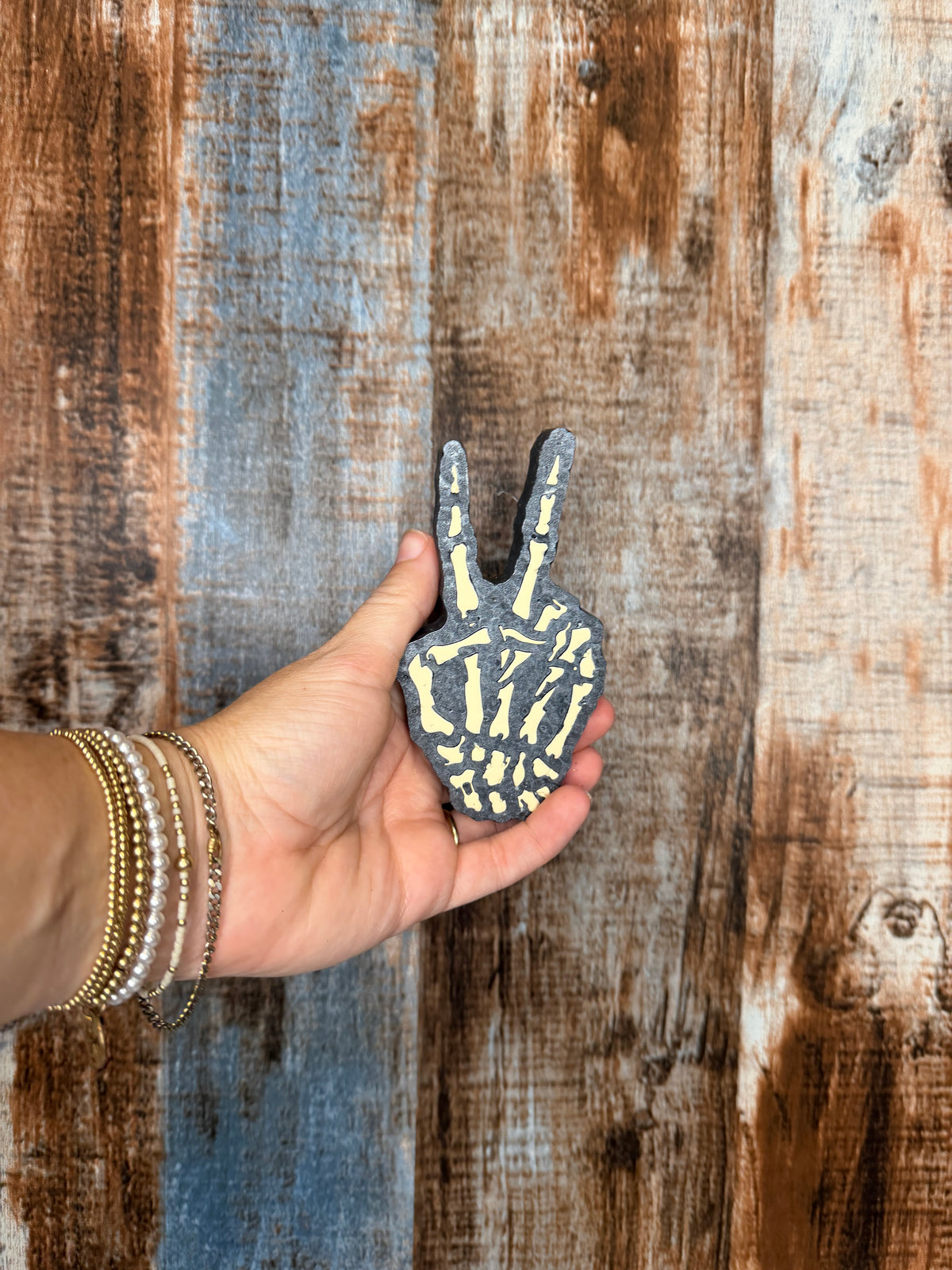 Skeleton Peace Sign Car Freshie | Driftwood & Hide Scent | Skeleton Hand Air Freshener | Spooky Car Decor | Halloween Freshie