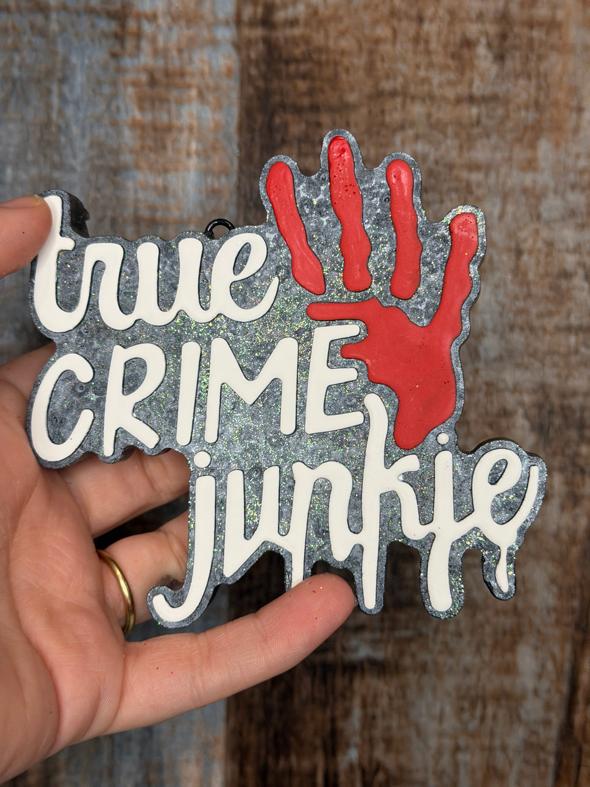 True Crime Junkie Car Freshie | Black Sea Scent | Crime Lover Air Freshener | Glitter True Crime Car Decor | Handmade Freshie