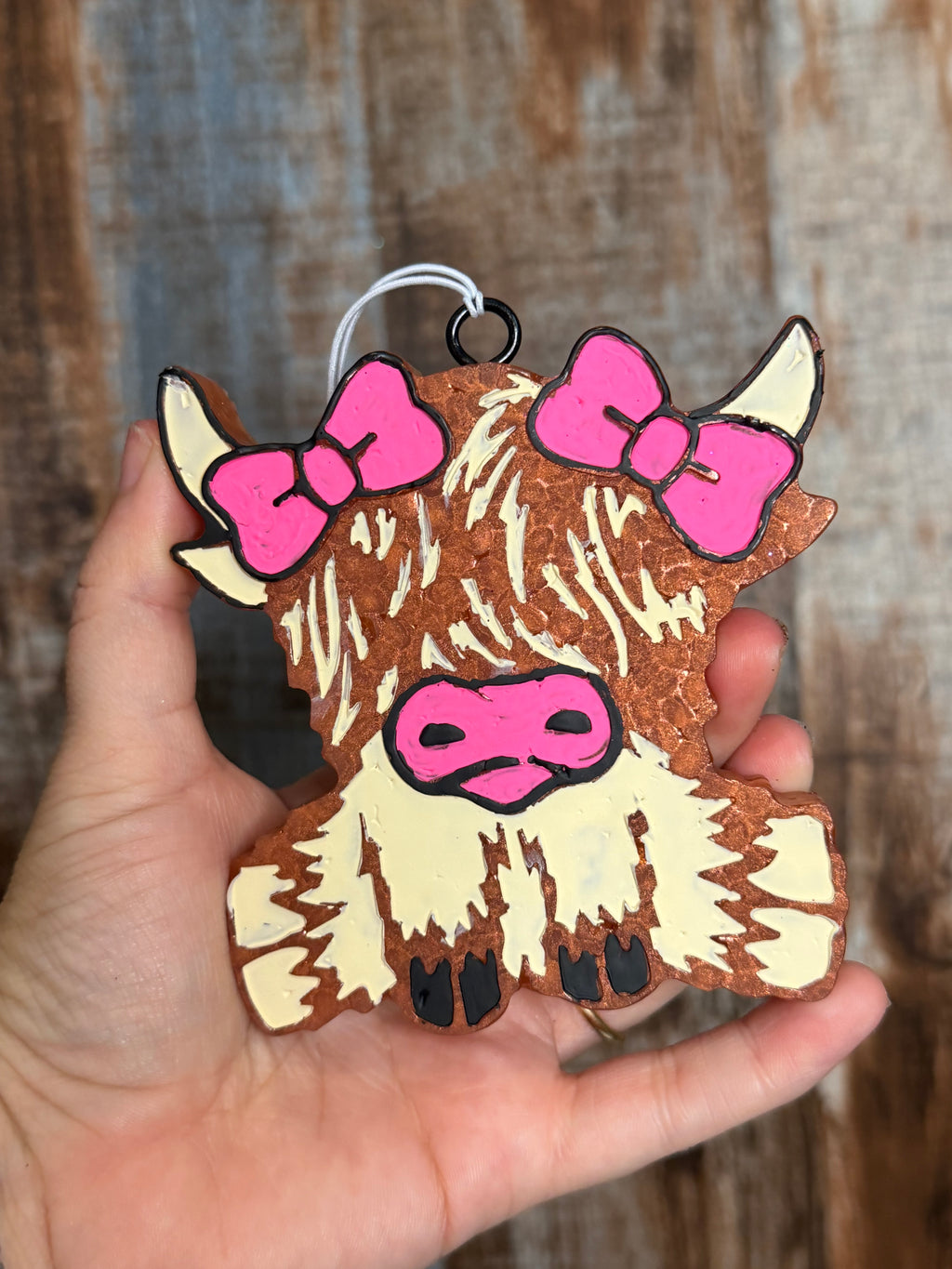 Pink Bow Highland Cow Car Freshie | Birthday Cake Scent