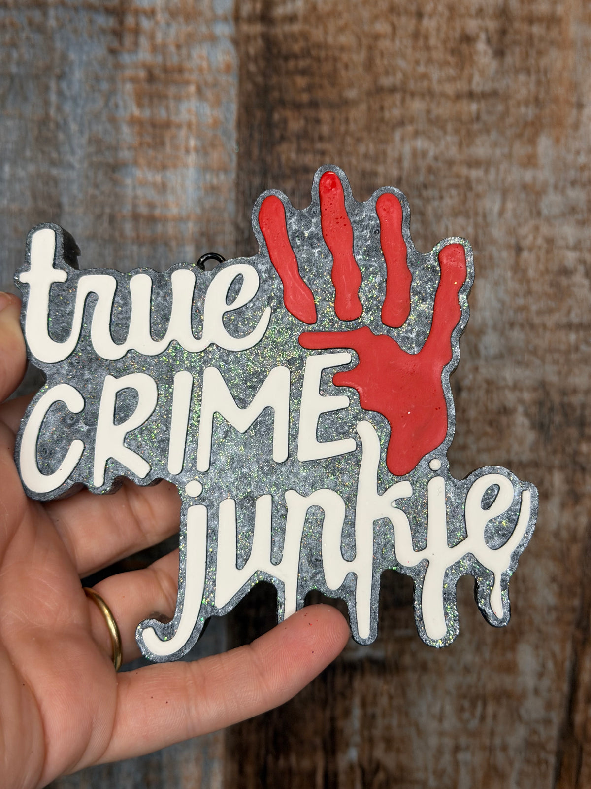 True Crime Junkie Car Freshie | Black Sea Scent | Crime Lover Air Freshener | Glitter True Crime Car Decor | Handmade Freshie
