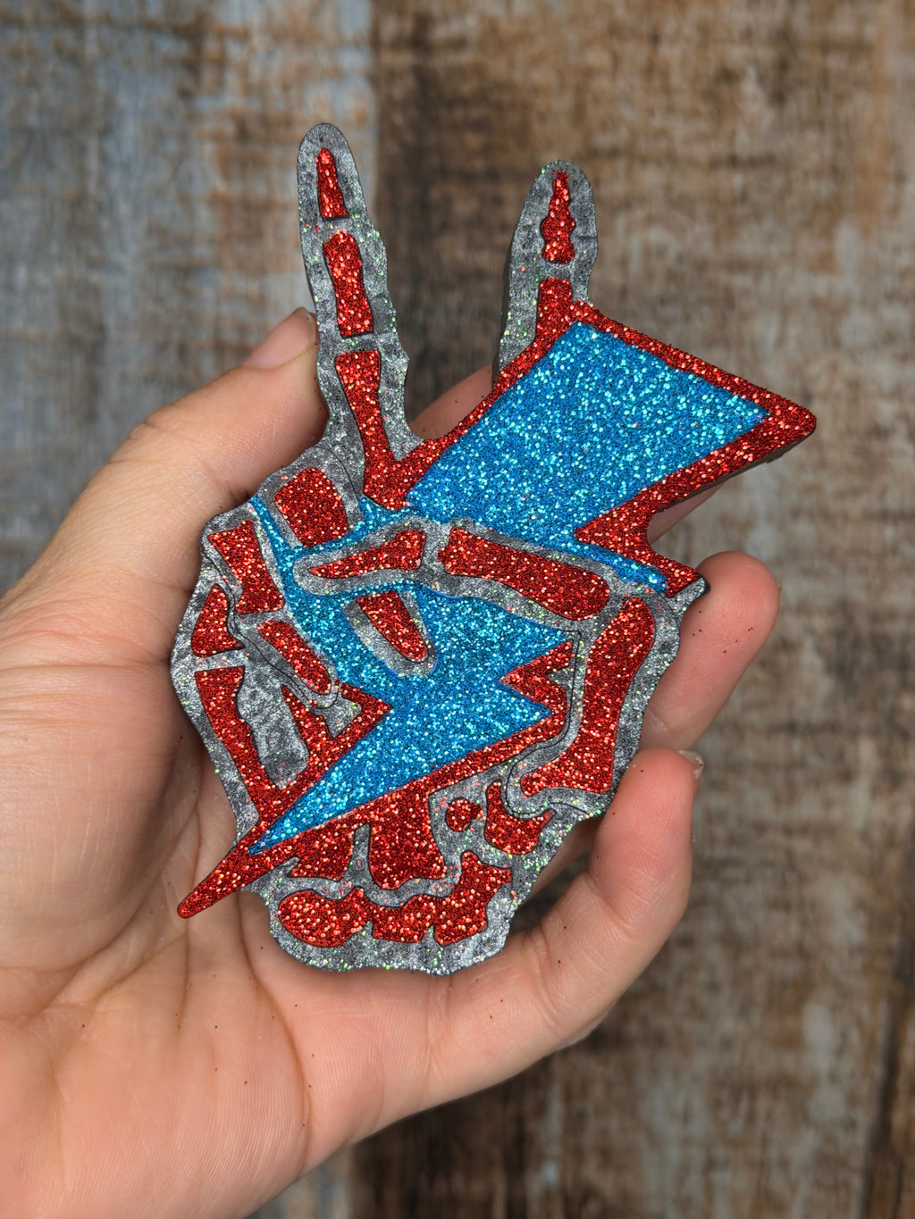 Rock Hand Car Freshie | Black Ice Scent | Glitter Rock & Roll Air Freshener | Blue Red Hand Sign Freshie | Edgy Car Decor