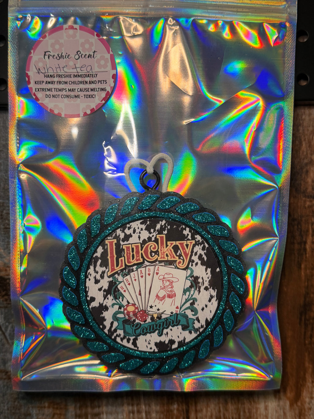 Lucky Cowgirl Car Freshie | White Tea Scent | Western Casino Car Air Freshener | Cow Print Cowgirl Decor | Handmade Auto Freshener
