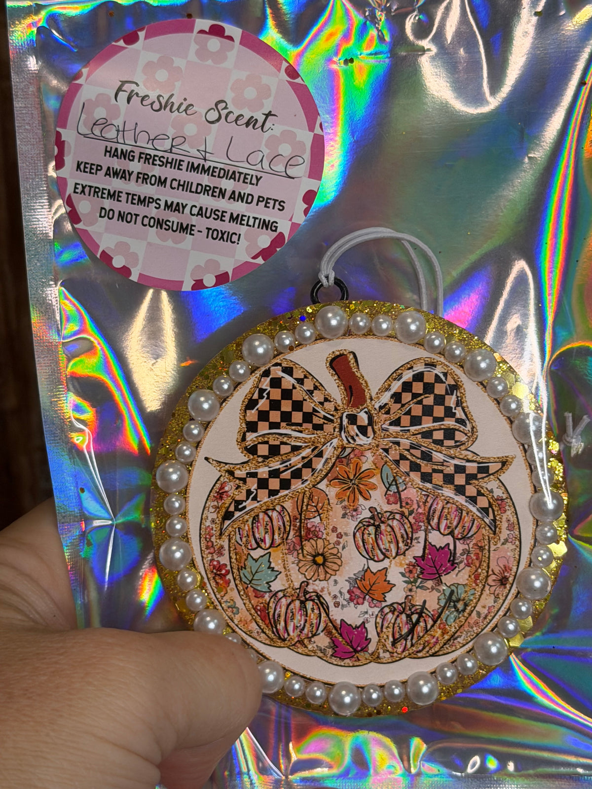 Floral Pumpkin Bow Car Freshie | Girly Fall Air Freshener | Leather & Lace Scent