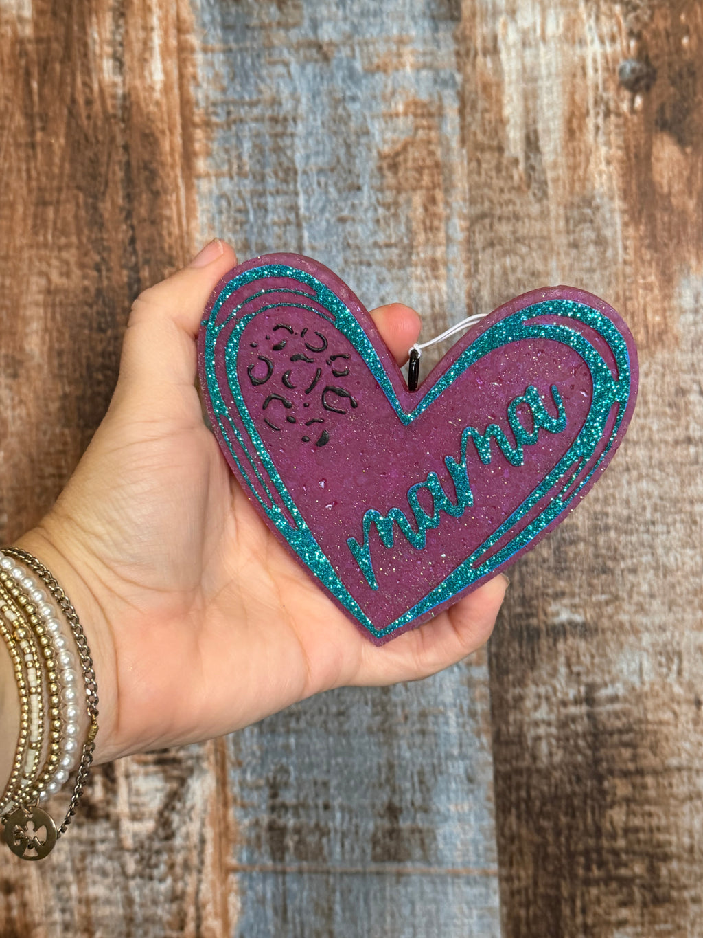 Mama Heart Car Freshie | Pink & Turquoise Glitter Western Air Freshener | Leather & Lace Scent