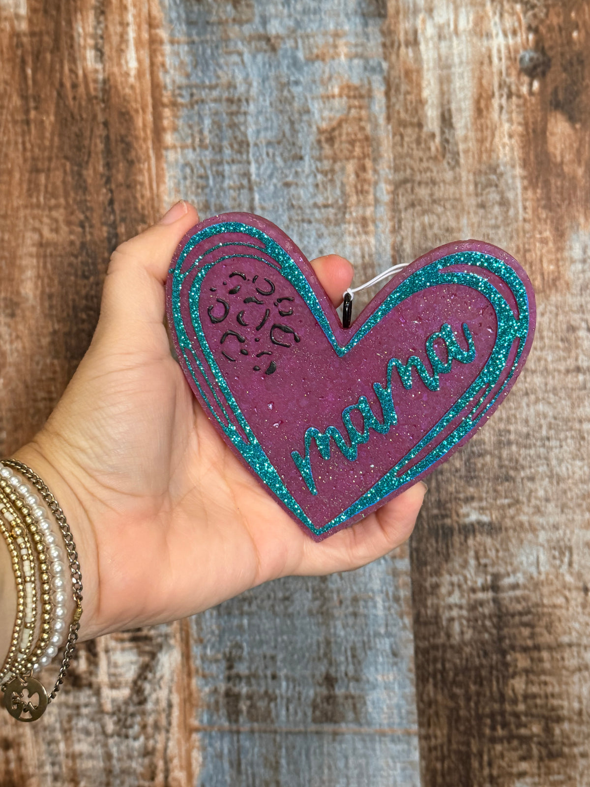 Mama Heart Car Freshie | Pink & Turquoise Glitter Western Air Freshener | Leather & Lace Scent