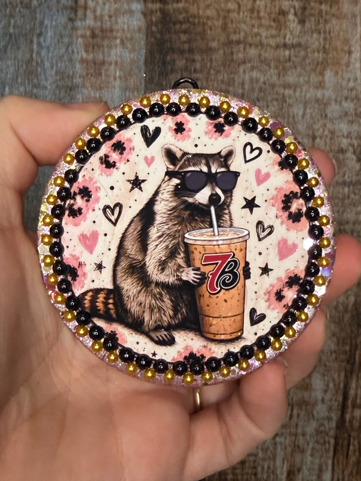 7 Brew Raccoon Car Freshie | Driftwood & Hide Scent | Funny Coffee Car Air Freshener | Pink Leopard Raccoon Freshie | Coffee Lover Gift