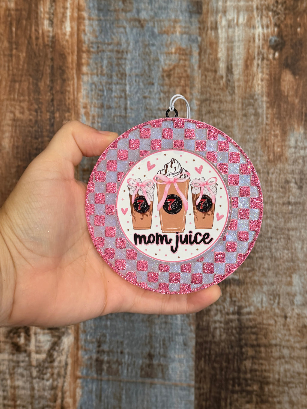 Mom Juice Coffee Car Freshie | Belle Scent | Pink Glitter Air Freshener