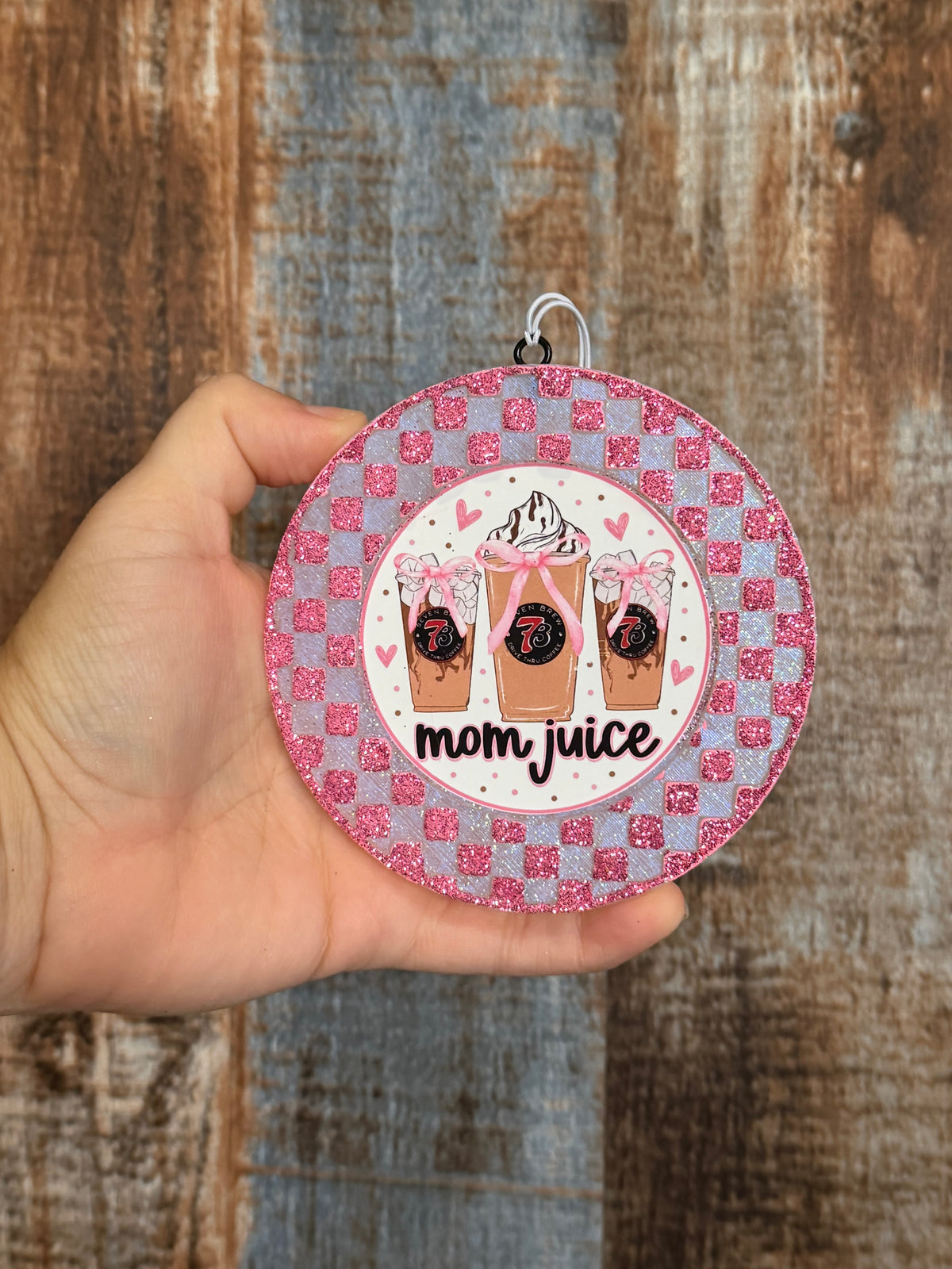 Mom Juice Coffee Car Freshie | Belle Scent | Pink Glitter Air Freshener