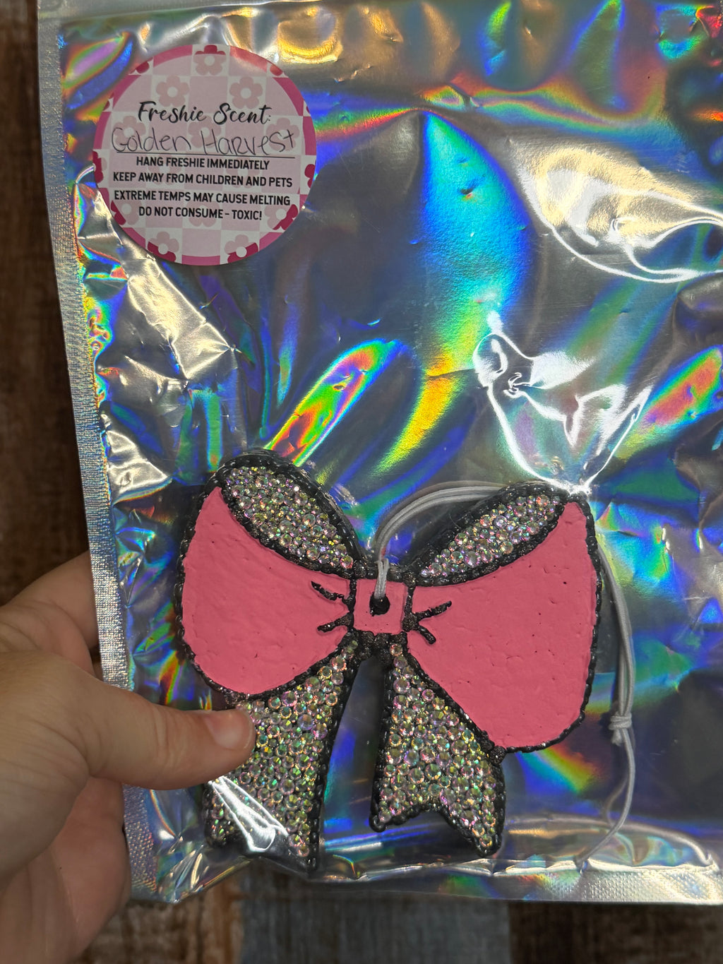 Pink Rhinestone Bow Car Freshie | Girly Bling Air Freshener | Golden Harvest Scent