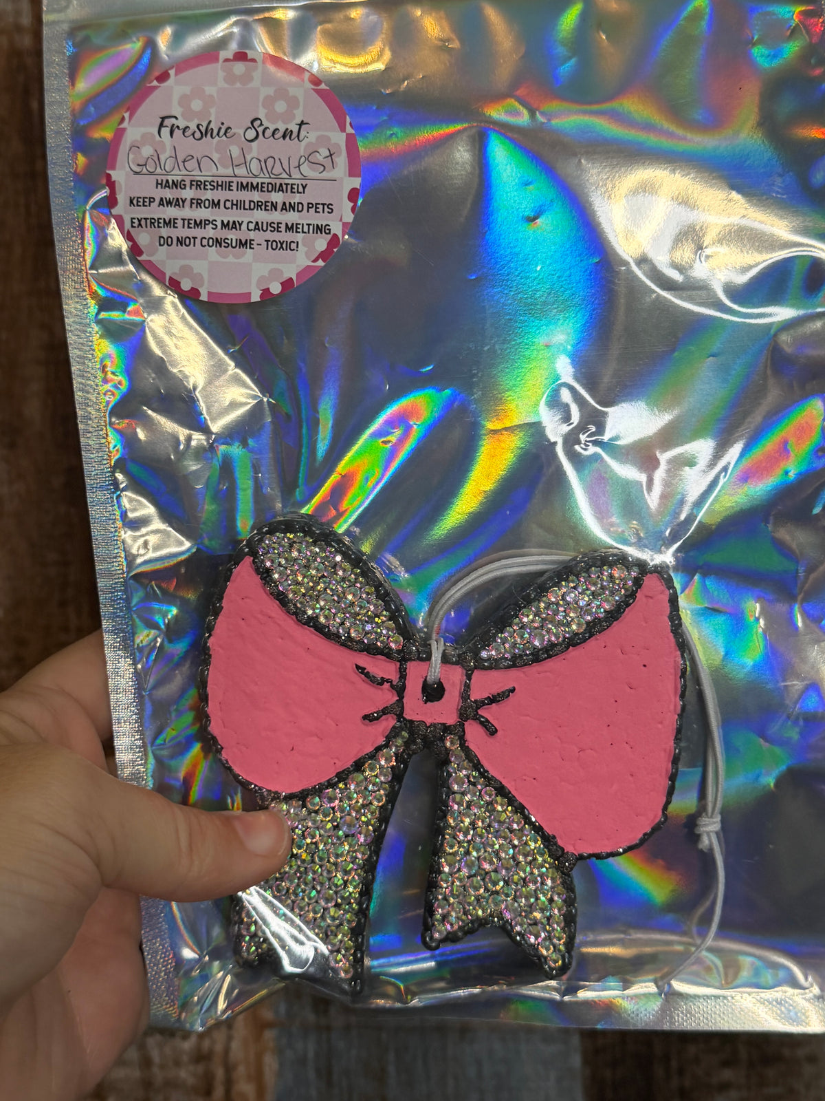 Pink Rhinestone Bow Car Freshie | Girly Bling Air Freshener | Golden Harvest Scent