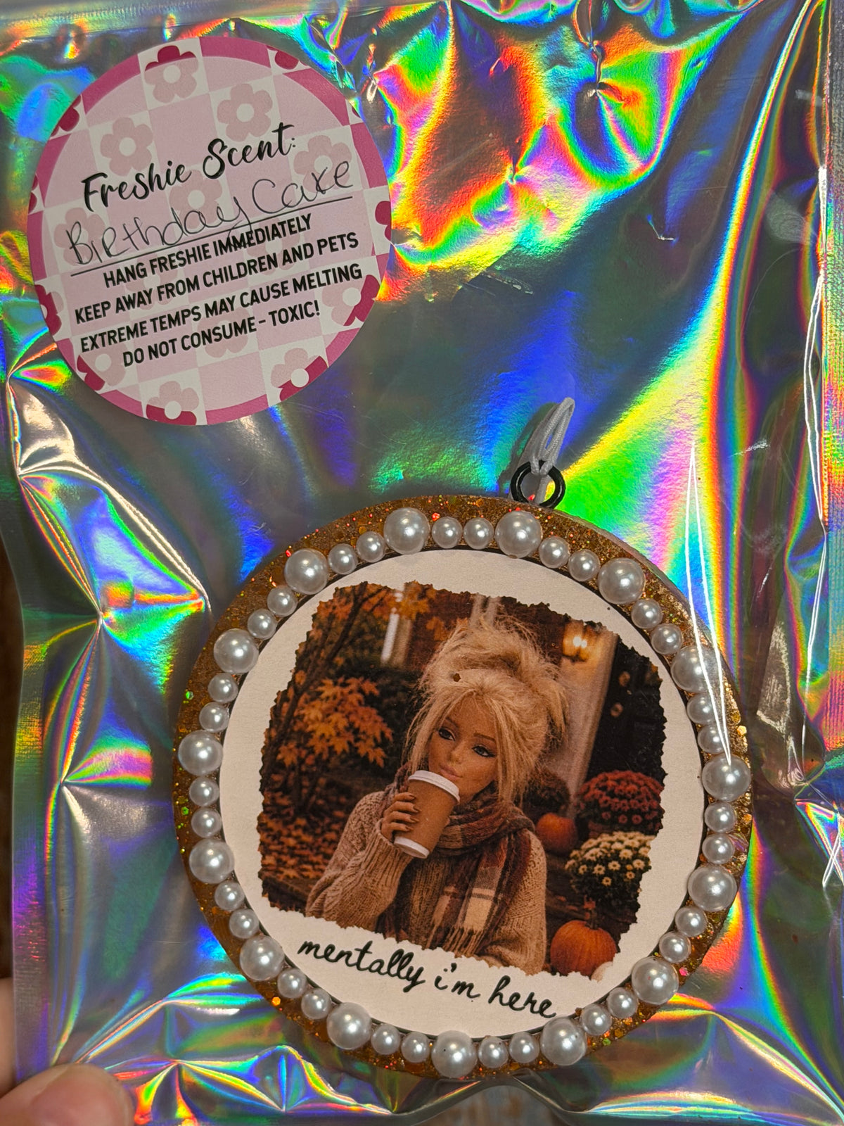 Cozy Fall Car Freshie | Mentally I’m Here Autumn Coffee Design | Birthday Cake Scent