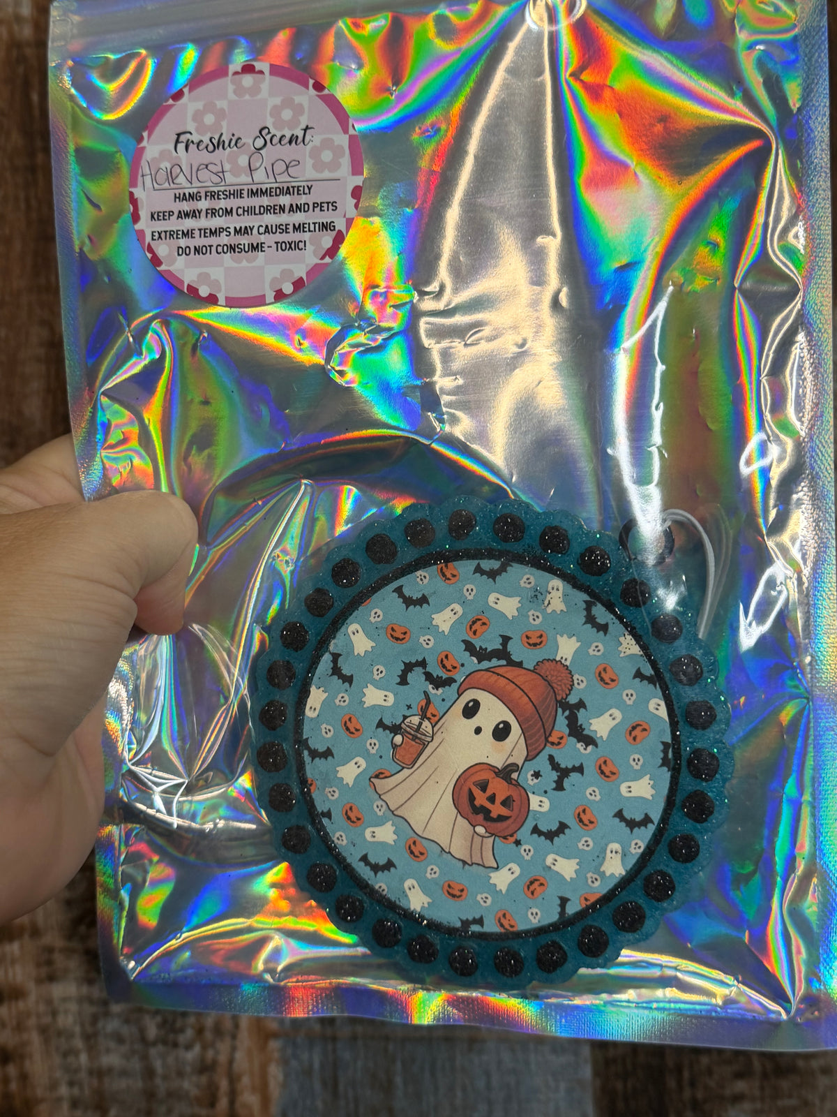 Cute Halloween Ghost Car Freshie | Teal & Black Glitter Air Freshener | Harvest Pipe Scent