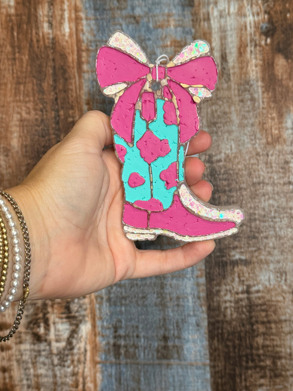 Cowgirl Boot & Bow Car Freshie | Pink Turquoise Western Air Freshener | Citrus Breeze Scent