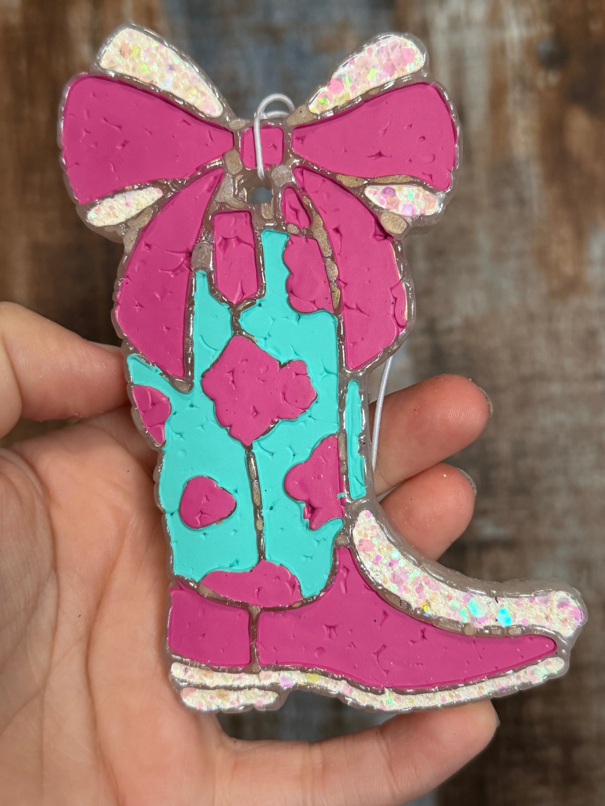 Cowgirl Boot & Bow Car Freshie | Pink Turquoise Western Air Freshener | Citrus Breeze Scent