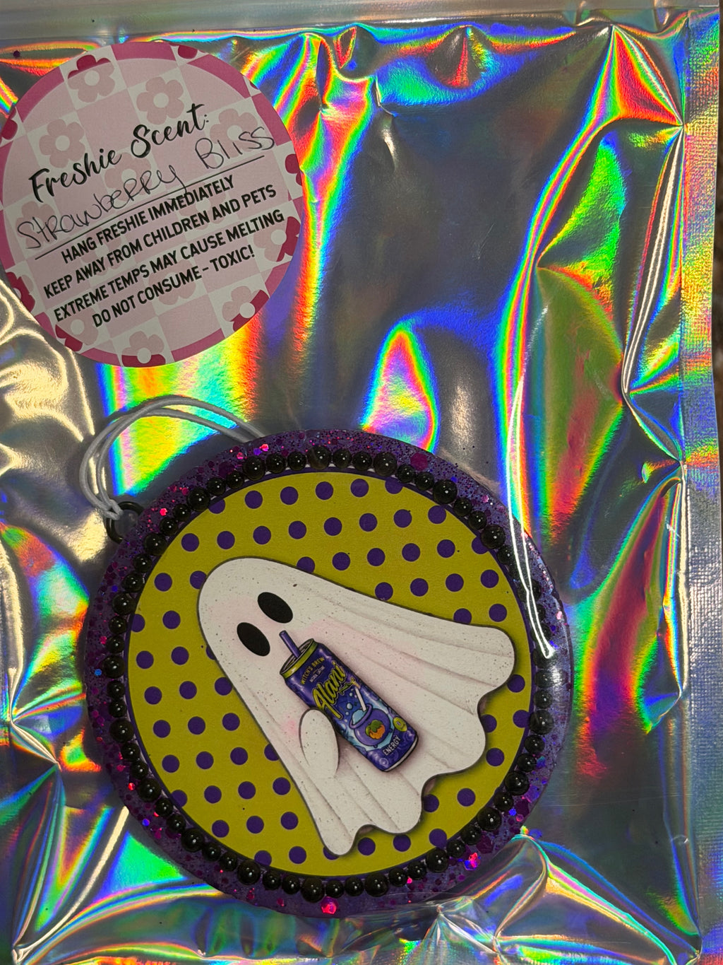 Halloween Ghost Car Freshie | Purple Energy Drink Spooky Design | Strawberry Bliss Scent