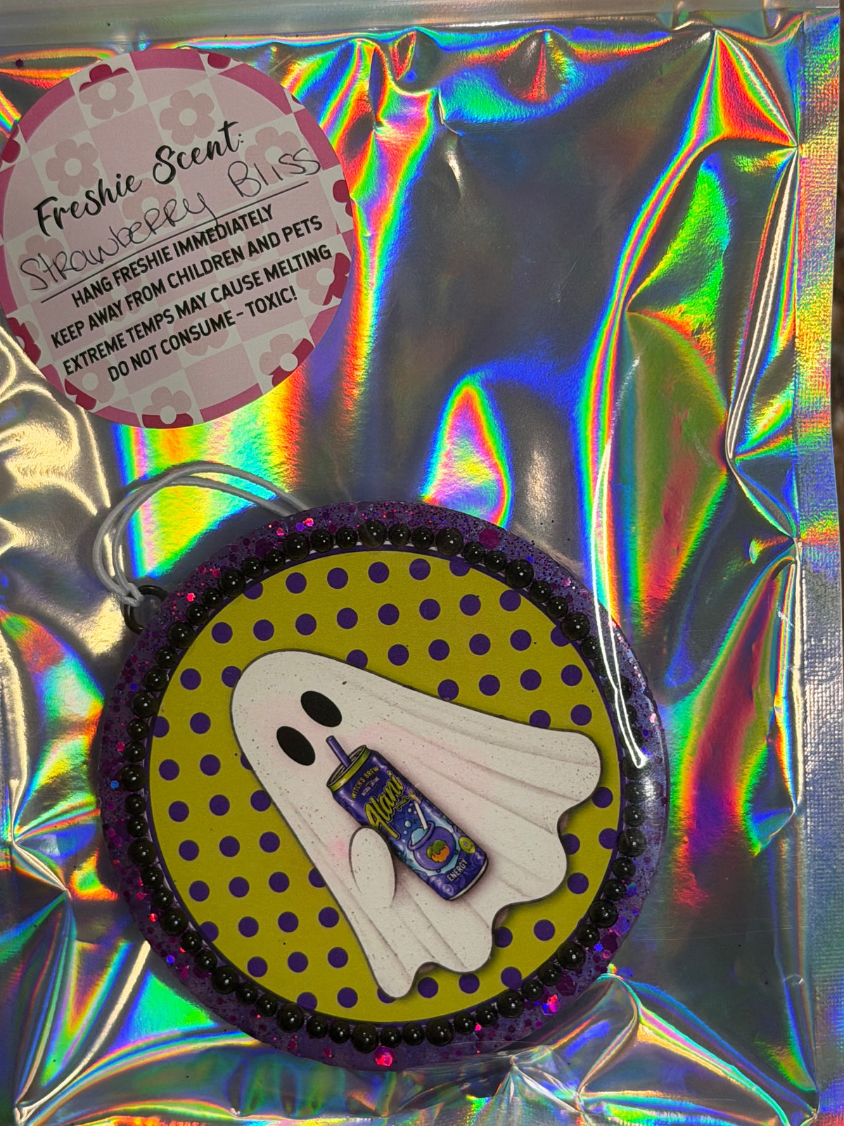 Halloween Ghost Car Freshie | Purple Energy Drink Spooky Design | Strawberry Bliss Scent