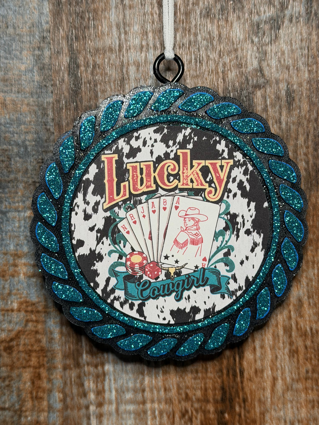 Lucky Cowgirl Car Freshie | White Tea Scent | Western Casino Car Air Freshener | Cow Print Cowgirl Decor | Handmade Auto Freshener
