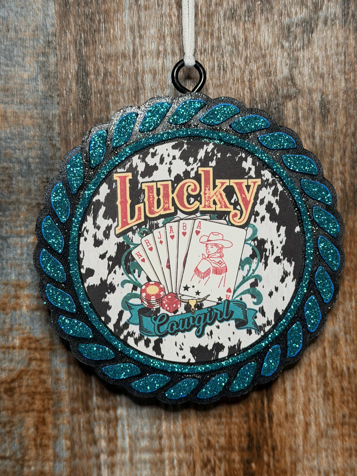 Lucky Cowgirl Car Freshie | White Tea Scent | Western Casino Car Air Freshener | Cow Print Cowgirl Decor | Handmade Auto Freshener