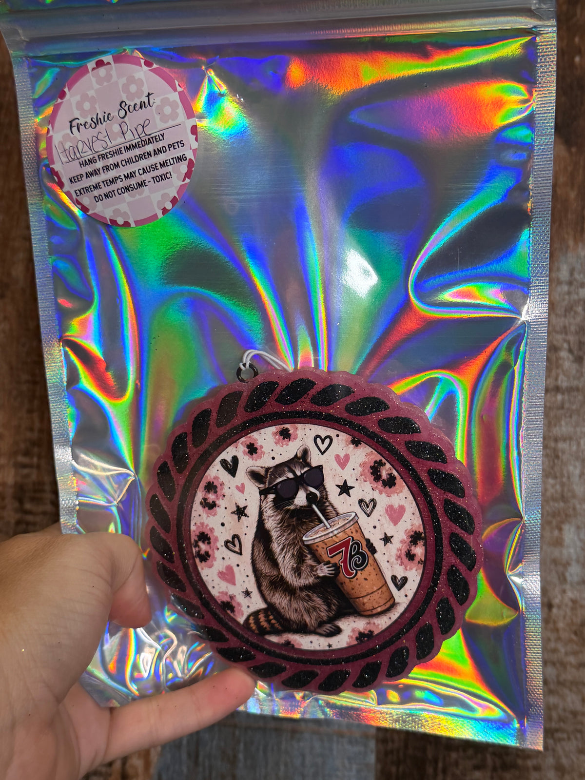 Raccoon Car Freshie | Pink & Black Glitter Cute Air Freshener | Harvest Pipe Scent