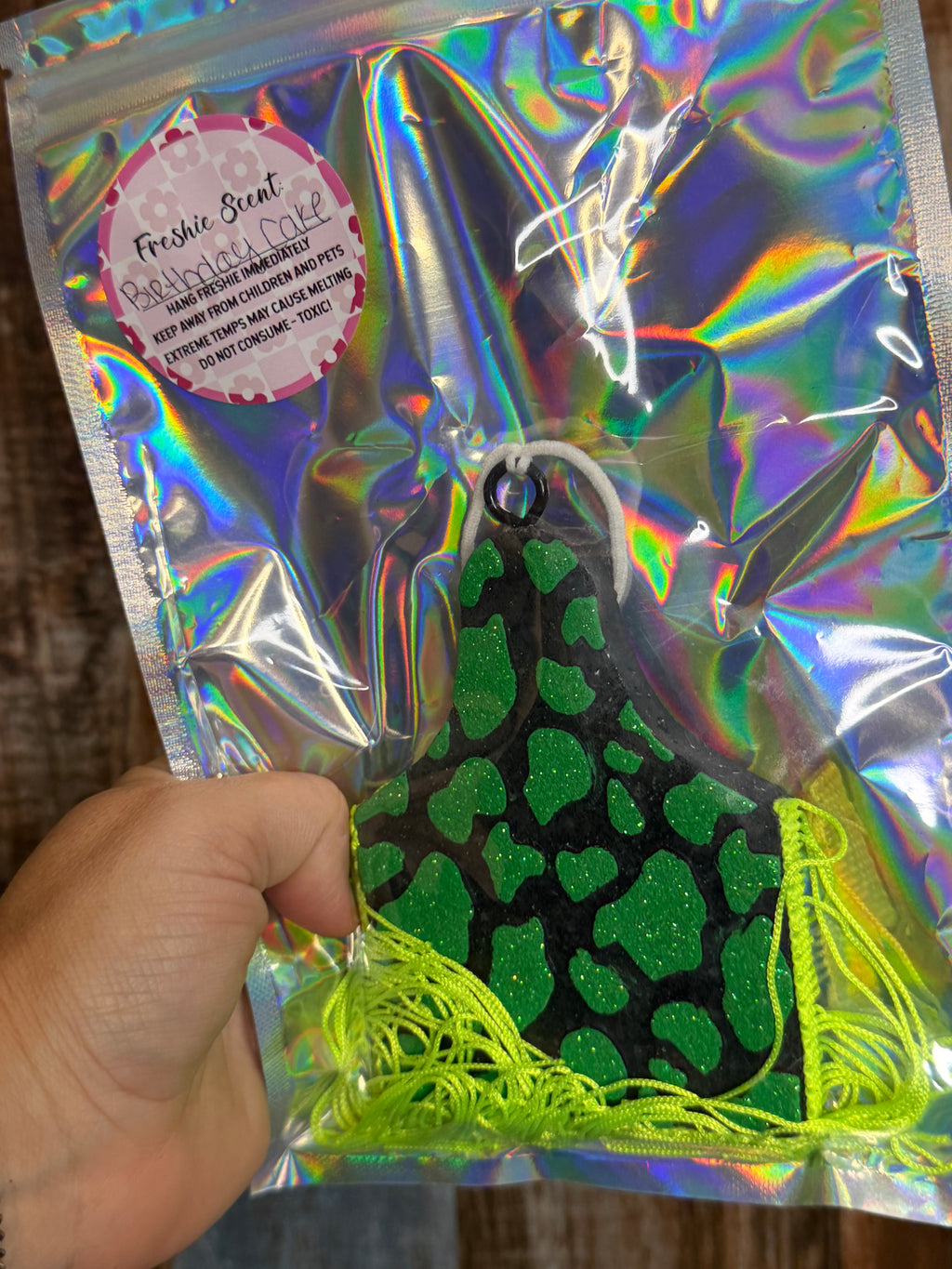 Green Cow Print Fringe Car Freshie | Birthday Cake Scent