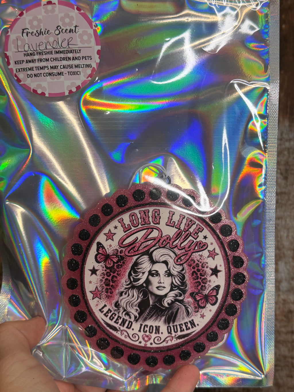 Long Live Dolly Car Freshie | Pink & Black Glitter Dolly Parton Air Freshener | Lavender Scent