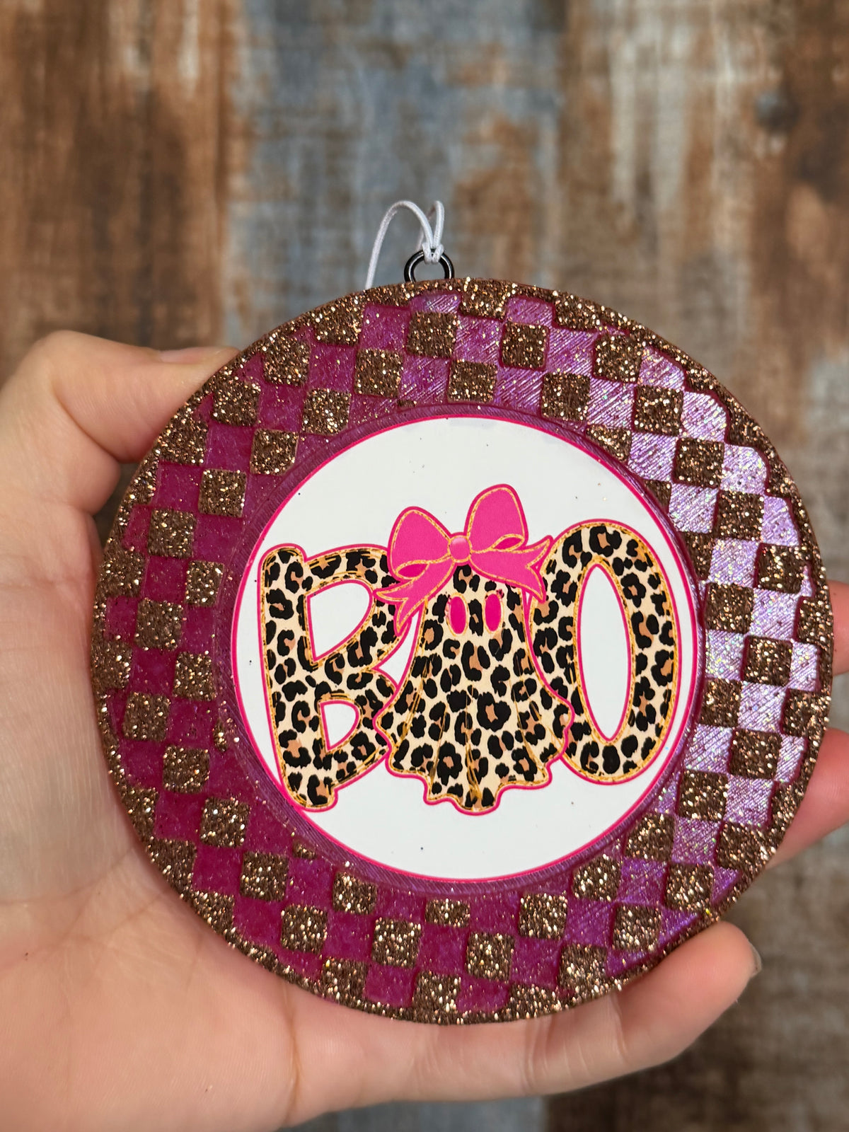 Boo Leopard Print Car Freshie | Pink Glitter Ghost Air Freshener | Citrus Breeze Scent