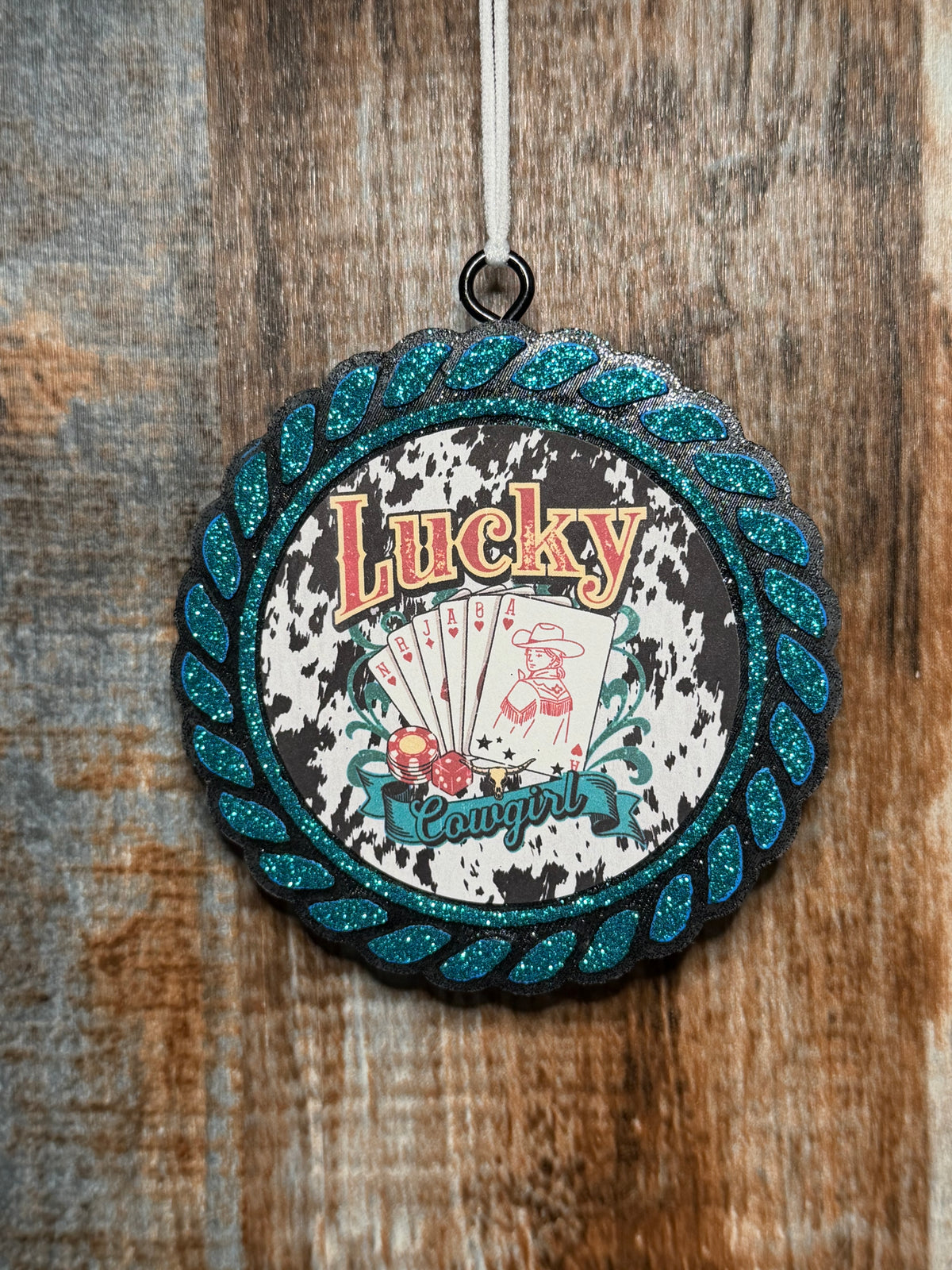 Lucky Cowgirl Car Freshie | White Tea Scent | Western Casino Car Air Freshener | Cow Print Cowgirl Decor | Handmade Auto Freshener