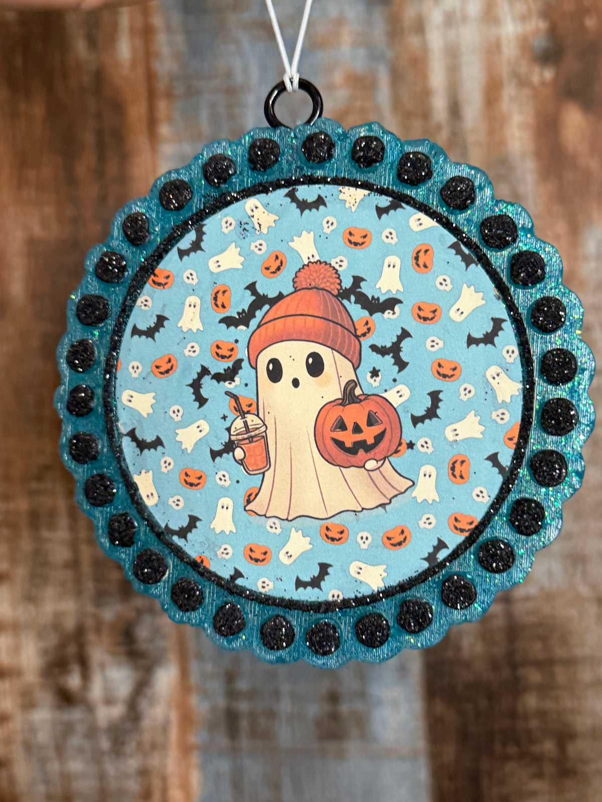 Cute Halloween Ghost Car Freshie | Teal & Black Glitter Air Freshener | Harvest Pipe Scent