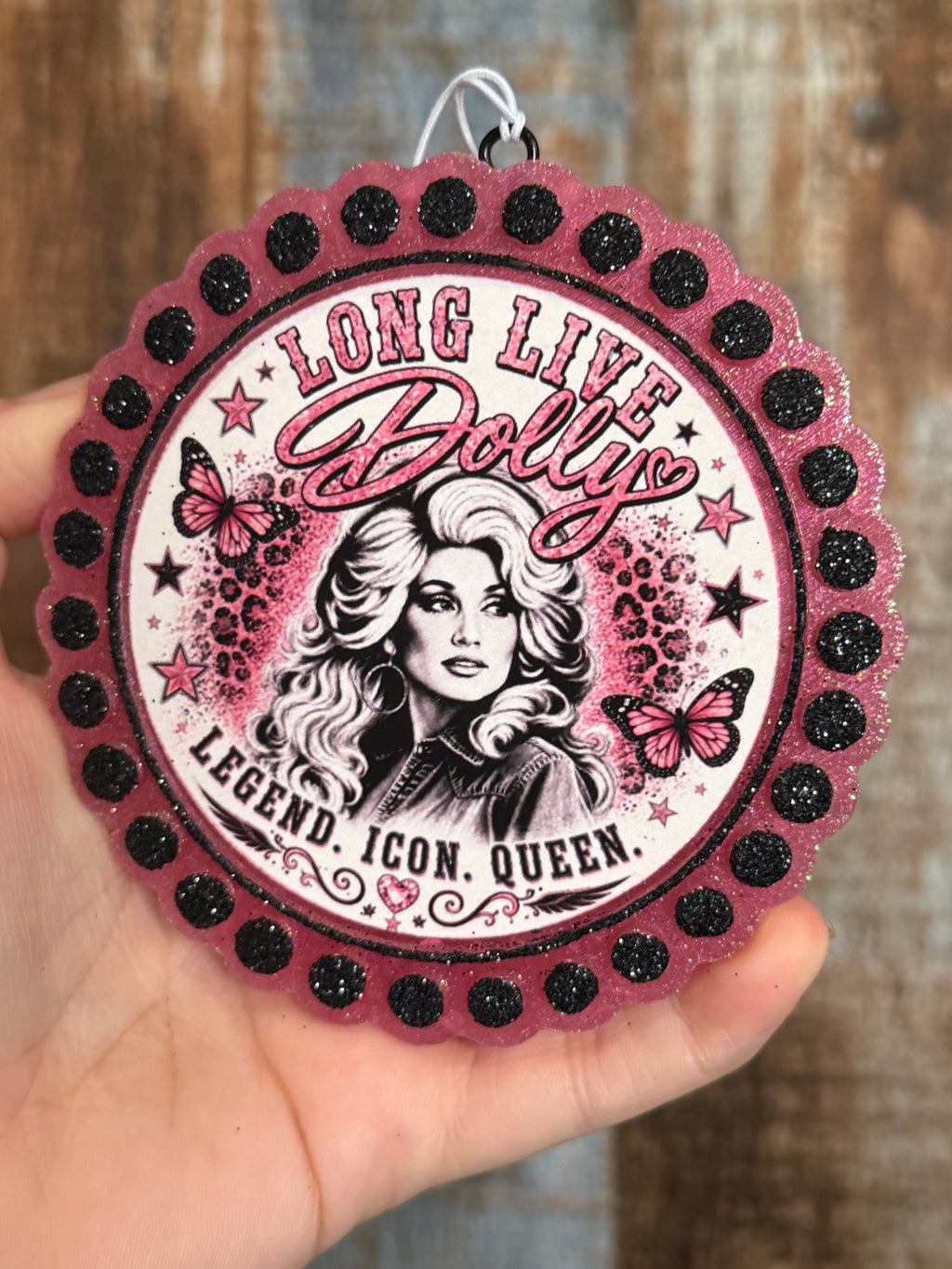 Long Live Dolly Car Freshie | Pink & Black Glitter Dolly Parton Air Freshener | Lavender Scent