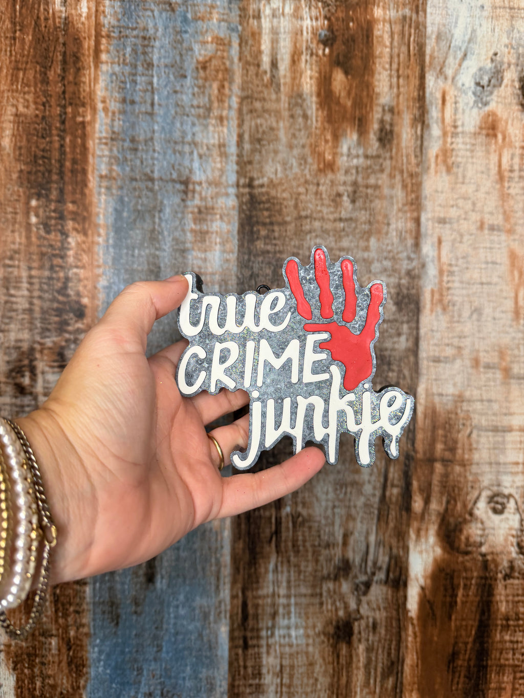 True Crime Junkie Car Freshie | Black Sea Scent | Crime Lover Air Freshener | Glitter True Crime Car Decor | Handmade Freshie