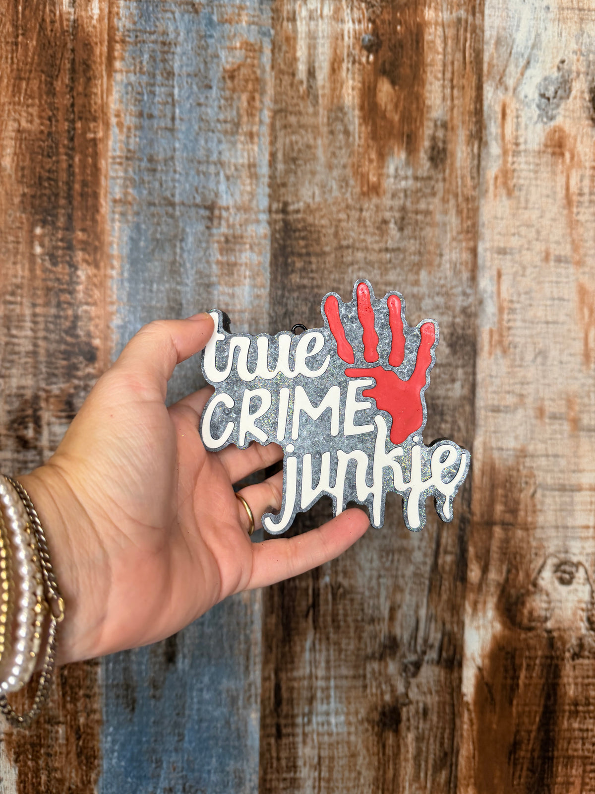 True Crime Junkie Car Freshie | Black Sea Scent | Crime Lover Air Freshener | Glitter True Crime Car Decor | Handmade Freshie