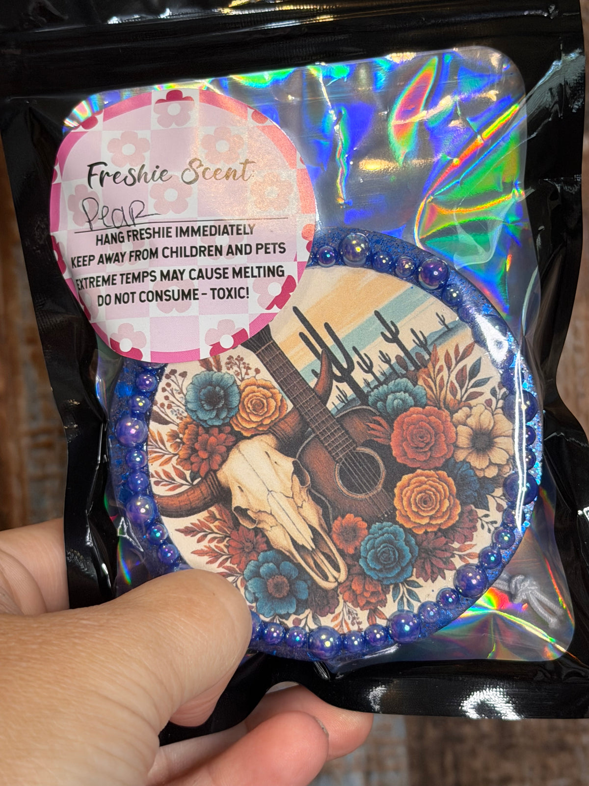 Western Bull Skull Car Freshie | Floral Guitar Cowgirl Air Freshener | Pear Scent